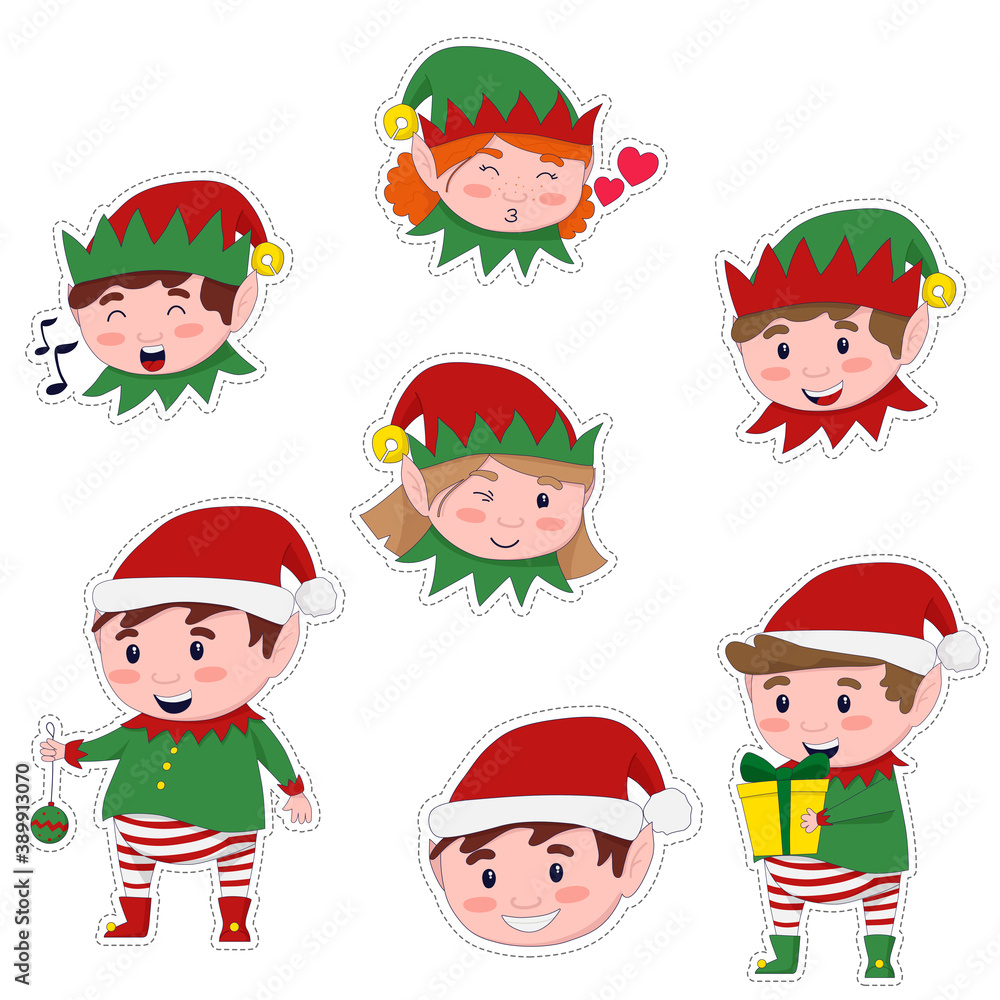 Vector illustration: set of cute Christmas elves stickers. Santa's helpers. Vector illustration: set of cute Christmas elves stickers. Santa's helpers.