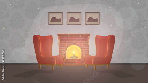 Vintage room with fireplace. Retro room, vintage armchairs, fireplace, fire. Vector.