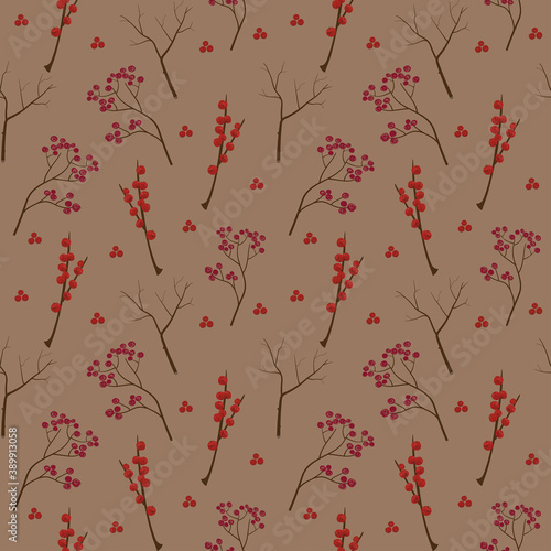 Christmas plant seamless pattern. Hand drawn winter festive branches and berries isolated on craft paper background. Endless stylish pattern for wrapping paper, gift card, textile.