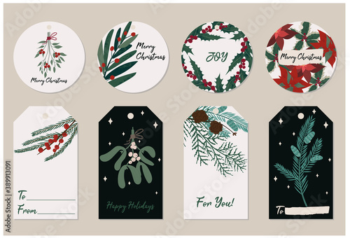 Beautiful Christmas gift tags with festive plants and florals. Vector hand drawn illustration of fir pine needles, mistletoe, holly and berries. Stylish flat elements for your design.   