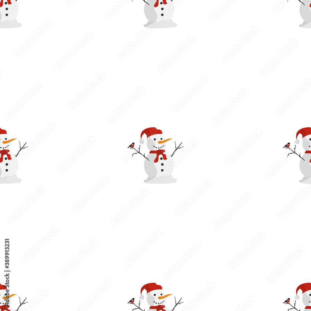 Seamless pattern with a snowman. Suitable for backgrounds, postcards, and wrapping paper. Good on the theme of New Years, Birthday and Valentine's Day. Vector.