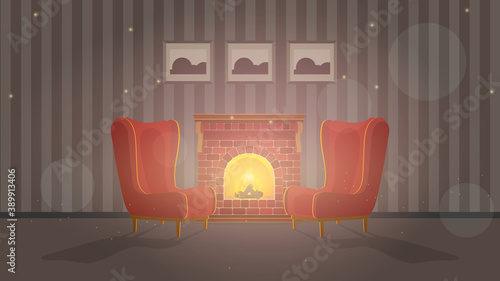 Vintage room with fireplace. Retro room, vintage armchairs, fireplace, fire. Vector.