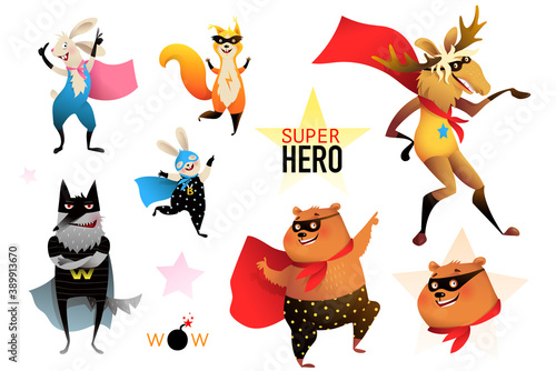 Superhero zoo animals party collection, bear, moose, bunny, rabbit, wolf. Brave and silly animal characters party performance wearing mask and cape, vector cartoon for kids.