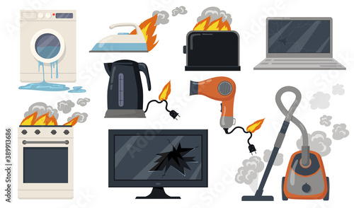Variety of broken home electrical appliances flat item set. Cartoon damaged stove, toaster, vacuum cleaner, laptop isolated vector illustration collection. Household and equipment concept