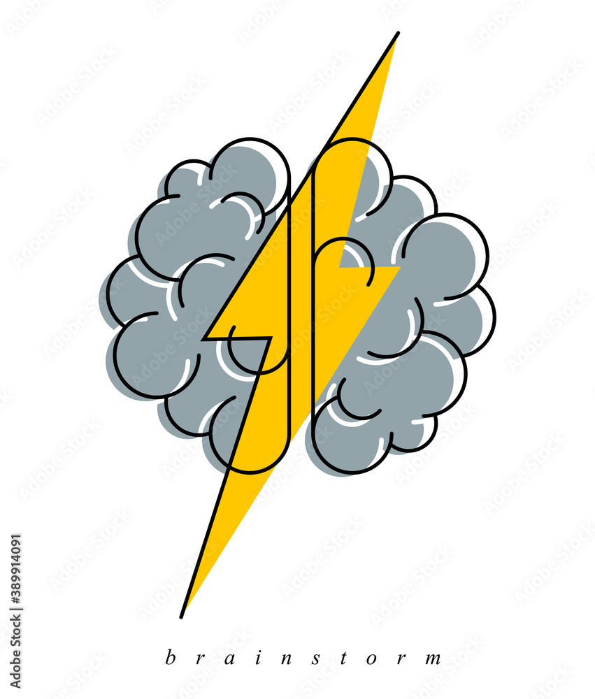 Brainstorm concept vector logo or icon, human brain and lightning bolt ...