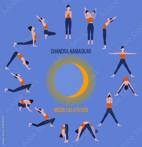 Yoga complex Salutation to the Moon. Colorful vector illustration of woman practicing Chandra Namaskar with the moon in the background. Yoga poses set. EPS 10