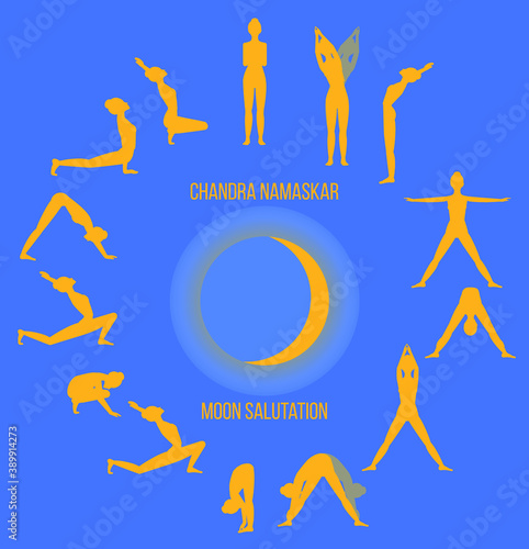 Yoga complex Salutation to the Moon. Vector illustration of woman silhouette practicing Chandra Namaskar. Yoga poses a set of icons. EPS 10