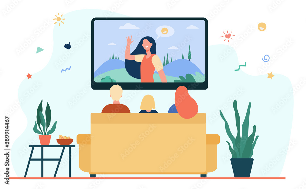Back view of family sitting on sofa and watching TV isolated flat vector illustration. Cartoon