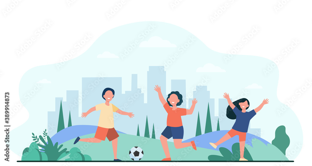 Happy active children playing football outdoors flat vector illustration. Cartoon child characters running with soccer ball. Sport game and playground concept Happy active children playing football outdoors flat vector illustration. Cartoon child characters running with soccer ball. Sport game and playground concept