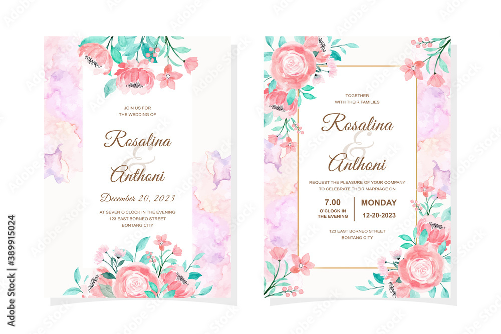 Wedding invitation card with pink floral watercolor