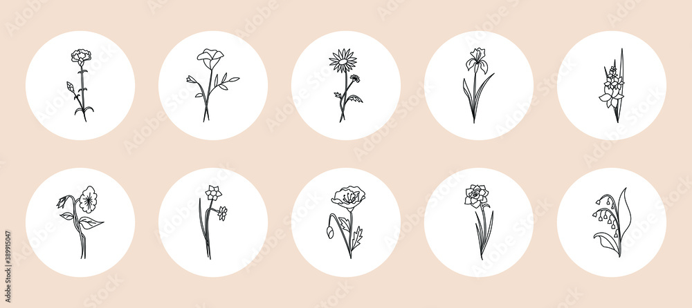 Set of feminine floral story highlight cover. Abstract line flower icons for social media hand drawn minimalist style. Boho vector illustration Set of feminine floral story highlight cover. Abstract line flower icons for social media hand drawn minimalist style. Boho vector illustration
