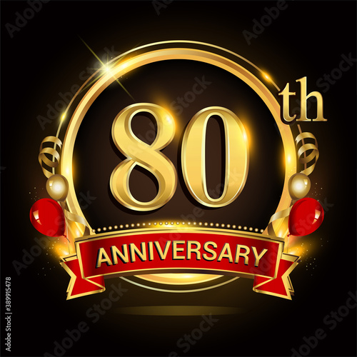 80th anniversary logo with golden ring, balloons and red ribbon. Vector design template elements for your birthday celebration.
