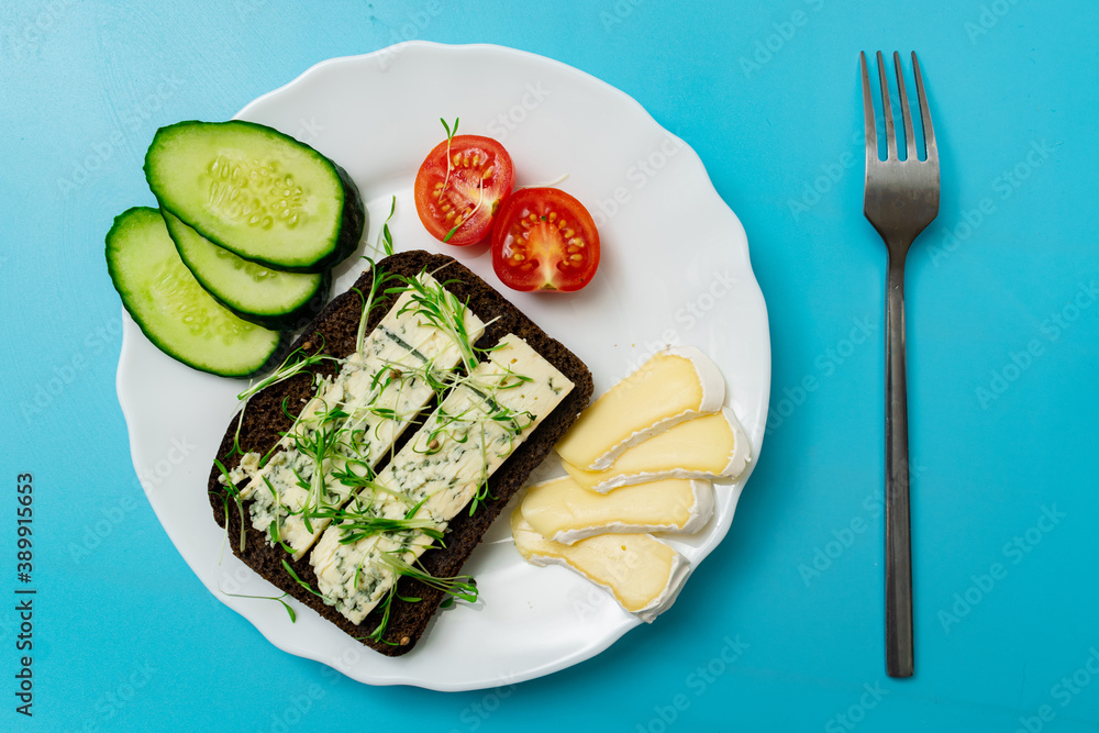 Rye bread with blue cheese and sprouted grains and tomatoes on a plate on a blue background. Rye bread with blue cheese and sprouted grains and tomatoes on a plate on a blue background.