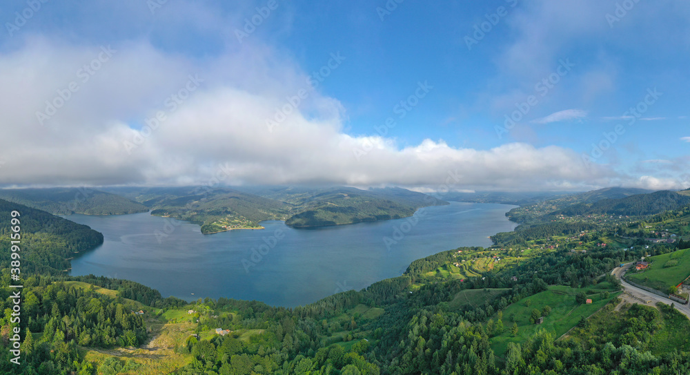 Aerial view of mountain lake, summer panorama