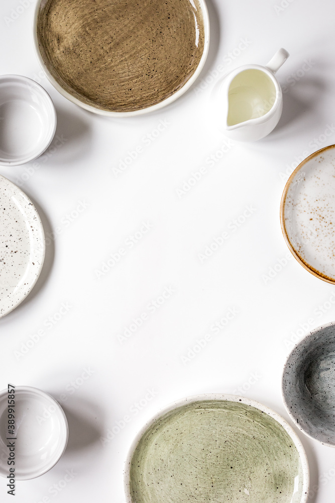 ceramic tableware top view on white background mock up ceramic tableware top view on white background mock up