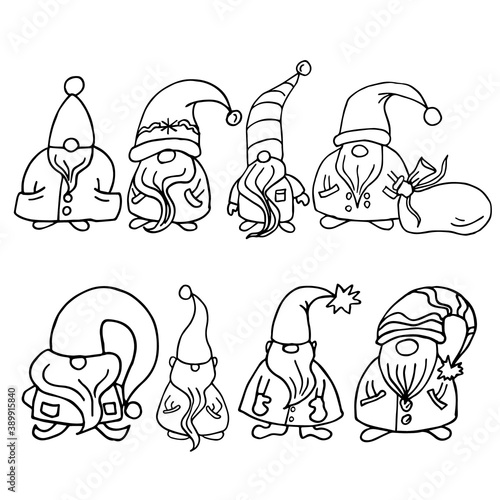 Set of vector Christmas gnomes. Doodle Scandinavian gnomes on a white background