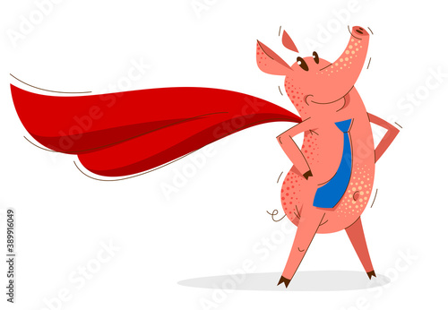 Funny cartoon businessman pig wearing a tie and stands confident like a superhero, business man swine humorous illustration, animal character drawing vector.