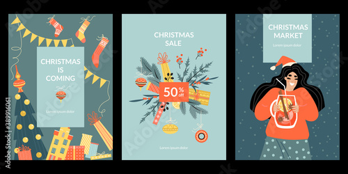 Set of vector christmas cards and christmas bazaar banners with girl drinking mulled wine, gifts and decorations