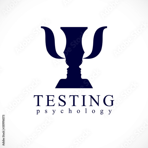 Psychology conceptual logo or icon created with man and woman face profiles in a shape of Greek Psi symbol, vector design.