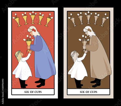 Six of cups. Tarot cards. A young teenage girl offering a golden cup with flowers to a little girl. Five golden cups with tulip flowers in the background.