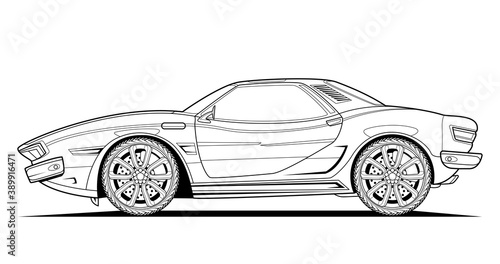 Vector line art original car illustration. Black contour sketch illustrate adult coloring page for book and drawing. High speed drive vehicle. Graphic element. wheel. Isolated on white background.