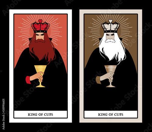 King of Cups with crown, roses and thorns, holding a golden cup. Minor arcana Tarot cards. Spanish playing cards.