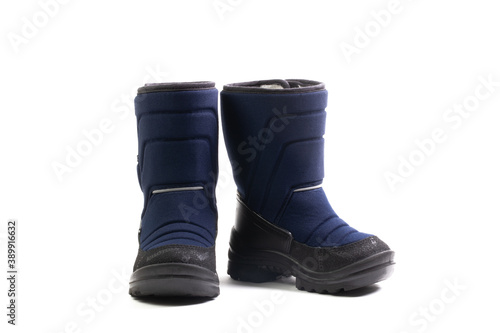 Children's winter puffed boots on a white isolated background Shoes made of genuine leather.