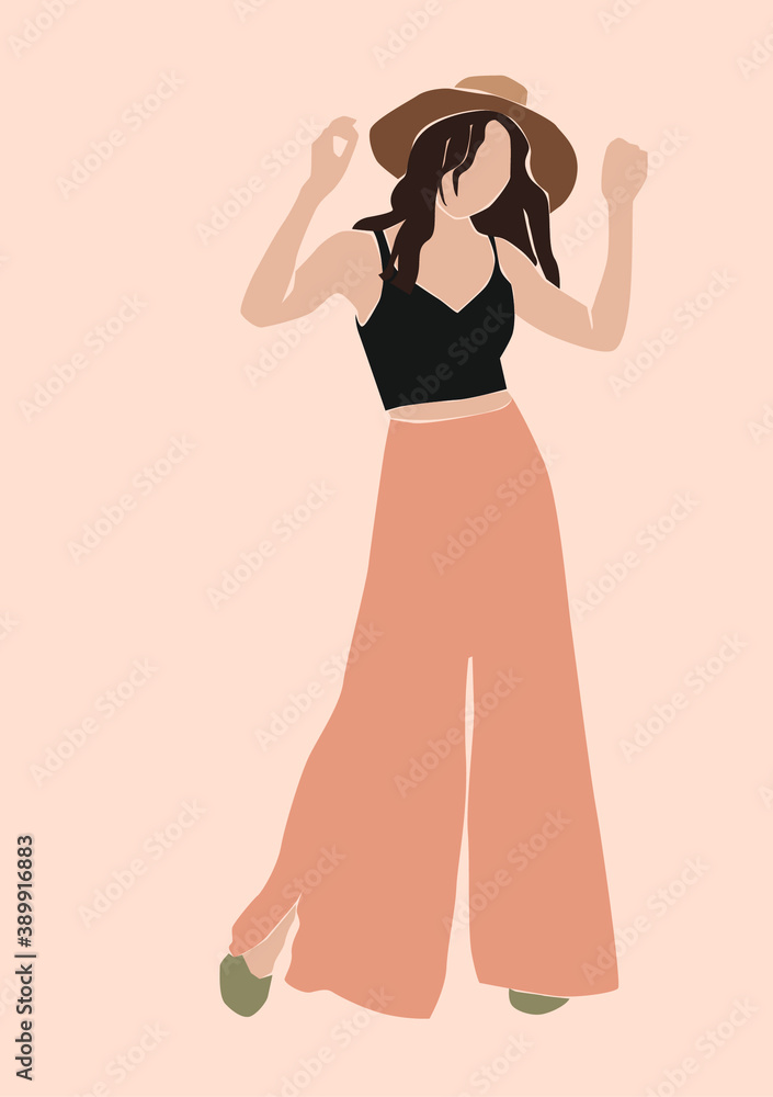 Abstract fashion glamour brunette girl on the pink isolated background. Woman in a hat poster.	
