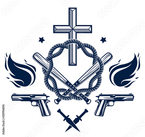 Criminal gangster dramatic emblem or logo with Christian Cross symbolizing death, weapons and different design elements, vector vintage style tattoo, rebel rioter partisan and revolutionary.