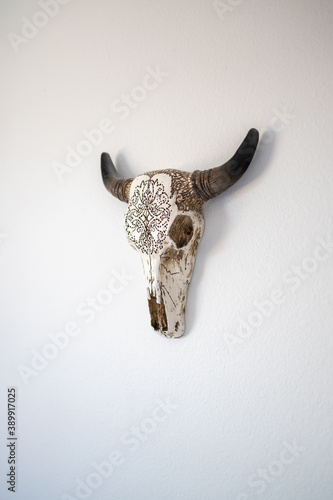 Southwestern Decorative Cow Skull Head Hanging on White Bedroom Wall in Desert Home © G