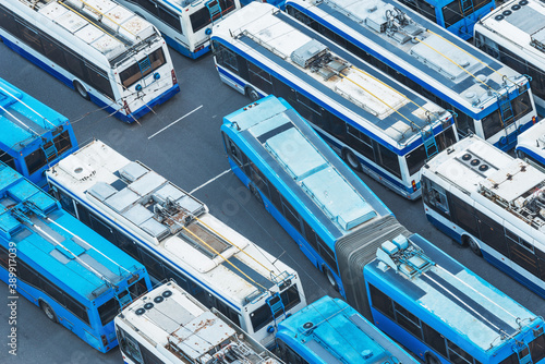 Many old trolleybuses stand on the parking.