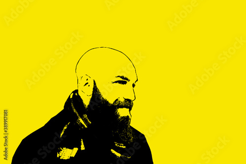 vector image.bald bearded man wearing a scarf and warm winter clothes holdingre d umbrella as a background. smiling young adult on a white scenario in a studio shooting. concept about joy, happiness