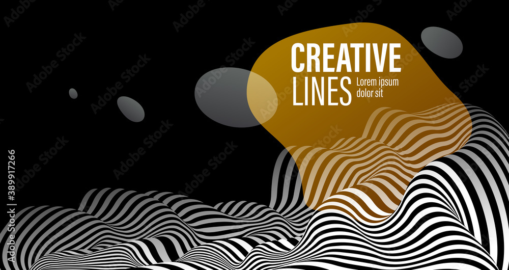 Abstract vector 3D lines with yellow fluid splat background, black and white curves linear perspective dimensional terrain optical pattern.