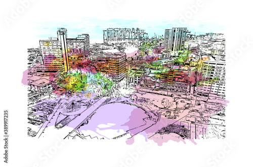 Building view with landmark of Buenaventura is a coastal seaport city on the department of Valle del Cauca, Colombia. Watercolor splash with hand drawn sketch illustration in vector.