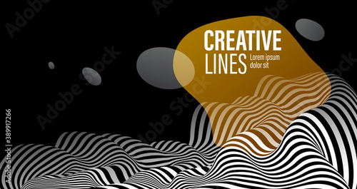 Abstract vector 3D lines with yellow fluid splat background, black and white curves linear perspective dimensional terrain optical pattern.