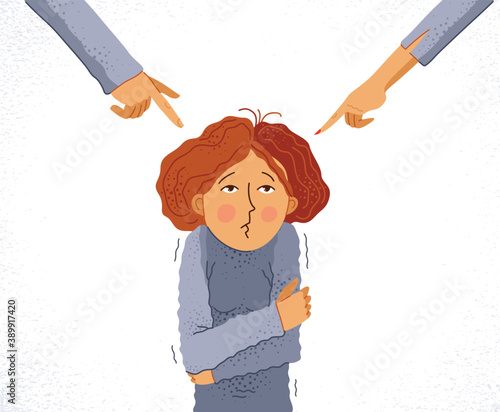 Adult man and woman blames and shames young woman or teenager girl, vector concept of shaming and blaming manipulations by people who have authority and power.