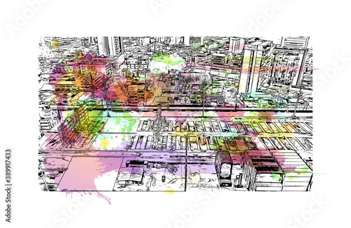 Building view with landmark of Buenaventura is a coastal seaport city on the department of Valle del Cauca, Colombia. Watercolor splash with hand drawn sketch illustration in vector.