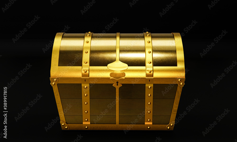 Gold retro antique treasure or treasure chest. Luxuriously expensive chest for holding gold valuables. 3D Rendering. Gold retro antique treasure or treasure chest. Luxuriously expensive chest for holding gold valuables. 3D Rendering.