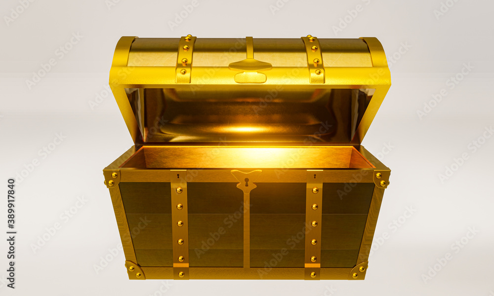 Gold retro antique treasure or treasure chest. Luxuriously expensive chest for holding gold valuables. 3D Rendering. Gold retro antique treasure or treasure chest. Luxuriously expensive chest for holding gold valuables. 3D Rendering.