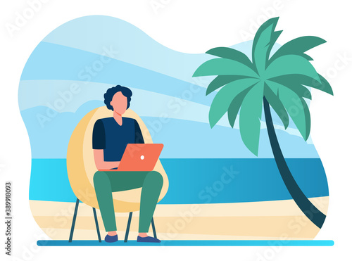 Man using laptop on tropical beach. Freelancers workplace with armchair outdoors flat vector illustration. Distance or remote working, freelance concept for banner, website design or landing web page