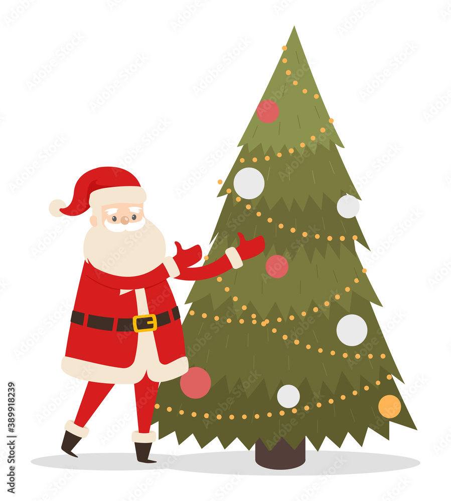 Santa Claus near New Year tree. Fir tree decorated with colorful garlands and balls, Christmas time. Happy cartoon character congratulating with happy holidays. Isolated illustration at white