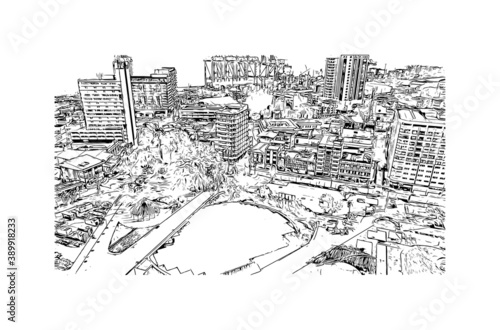 Building view with landmark of Buenaventura is a coastal seaport city on the department of Valle del Cauca, Colombia. Hand drawn sketch illustration in vector.