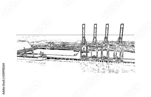Building view with landmark of Buenaventura is a coastal seaport city on the department of Valle del Cauca, Colombia. Hand drawn sketch illustration in vector.