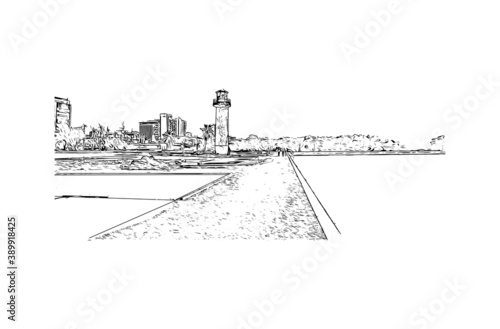 Building view with landmark of Buenaventura is a coastal seaport city on the department of Valle del Cauca, Colombia. Hand drawn sketch illustration in vector.