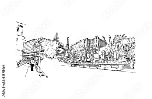 Building view with landmark of Buenaventura is a coastal seaport city on the department of Valle del Cauca, Colombia. Hand drawn sketch illustration in vector.