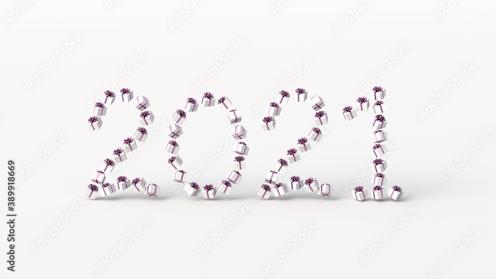 White gift boxes with purple ribbon on empty white background, concept for Merry Christmas and New Year 2021. 3D Rendering White gift boxes with purple ribbon on empty white background, concept for Merry Christmas and New Year 2021. 3D Rendering