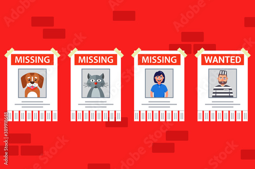 a set of posters for finding people and animals. lost pet poster. wanted person. vector illustration of characters.