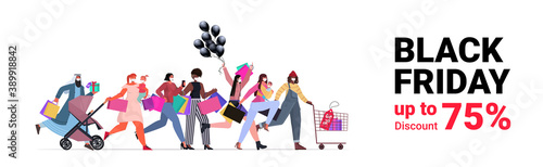 mix race people in protective masks running with shopping bags black friday big sale promotion discount coronavirus quarantine concept full length horizontal banner vector illustration