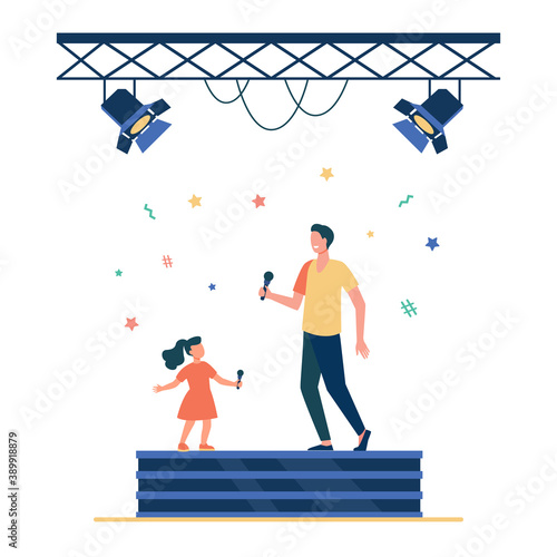 Kid and adult singers duet. Celebrity dad and daughter singing together on stage flat vector illustration. Performance, show, childhood concept for banner, website design or landing web page
