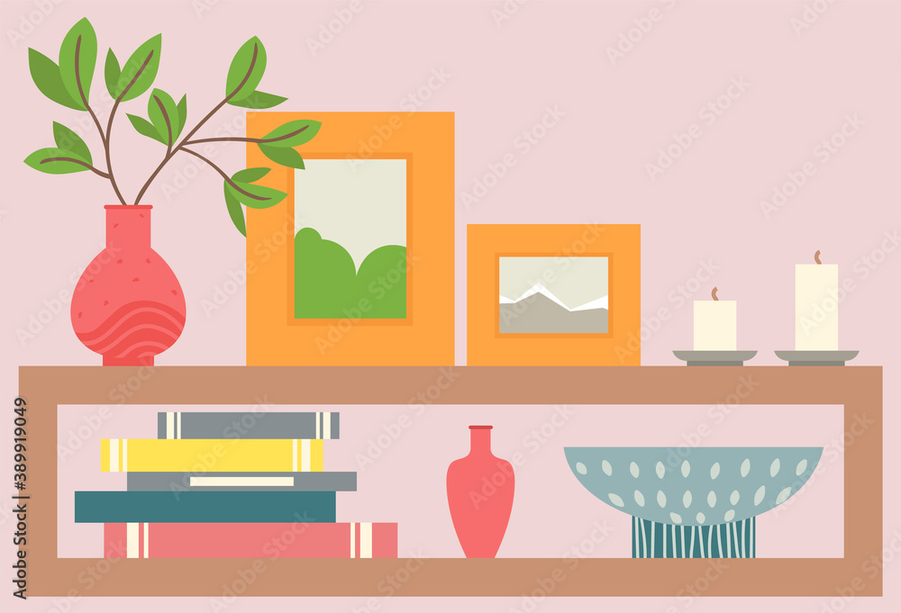 Interior decoration vector, wooden shelf with vase and flowers. Framed picture, bowl and pots, books and publication prints. Aromatic candles set Interior decoration vector, wooden shelf with vase and flowers. Framed picture, bowl and pots, books and publication prints. Aromatic candles set